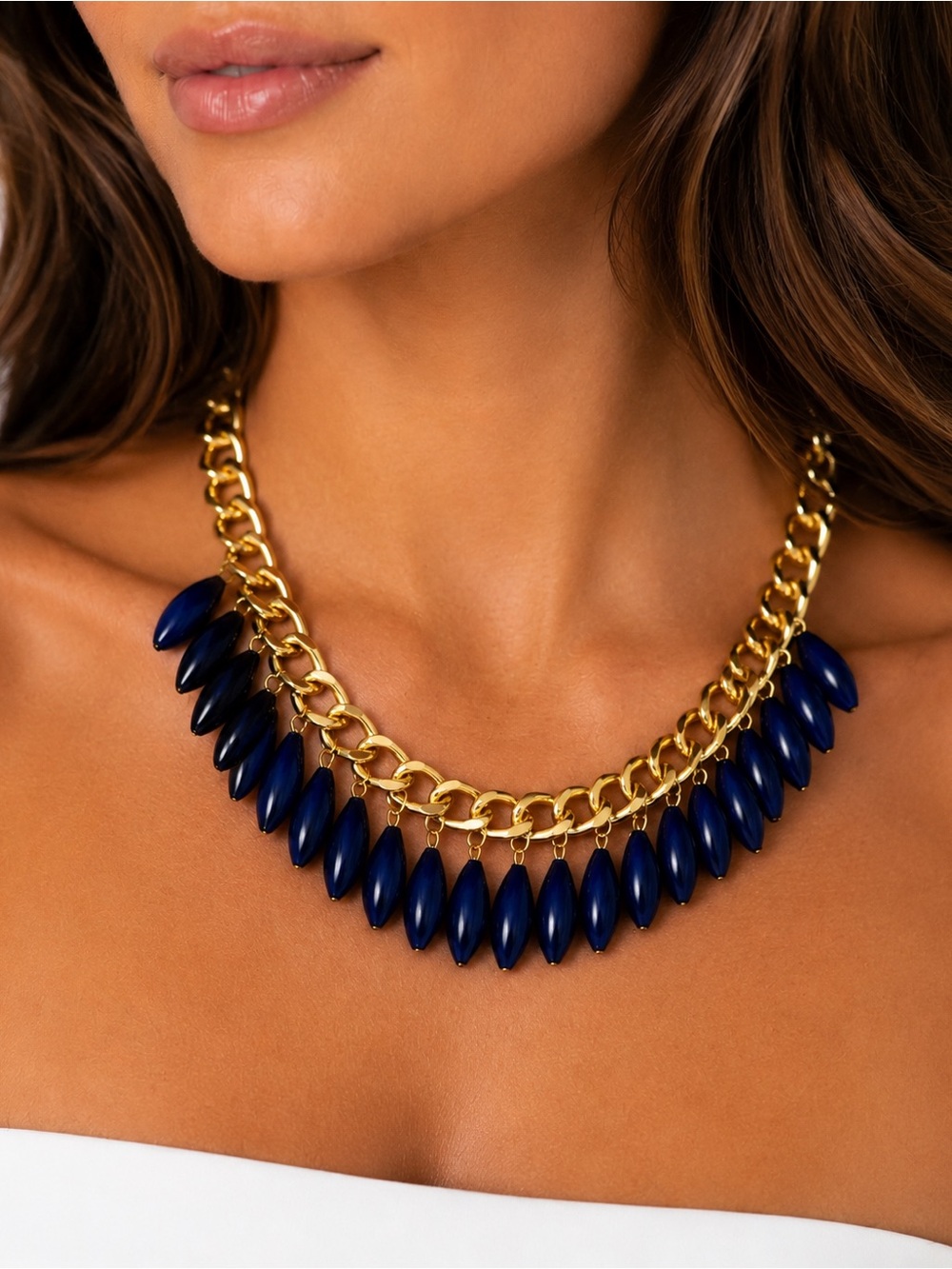 Vintage Gold Tone Chain Necklace with Navy Blue Dangle Beads